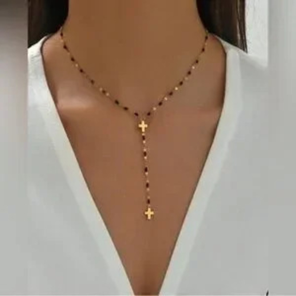 Gold Plated Stainless Steel Cross Beaded Lariat Necklace
